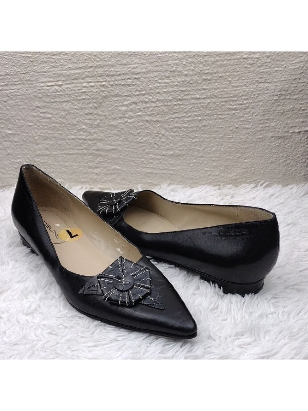 Bandolino Newman Black Leather Flower Detail Pointed Toe Slip On Low Heel Shoe